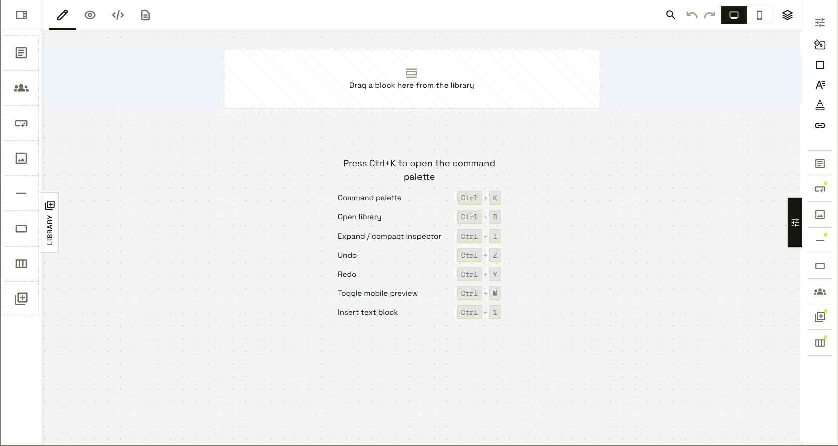 The Inky editor on an empty canvas, with the block palette on the left and the list of keyboard shortcuts in the middle.