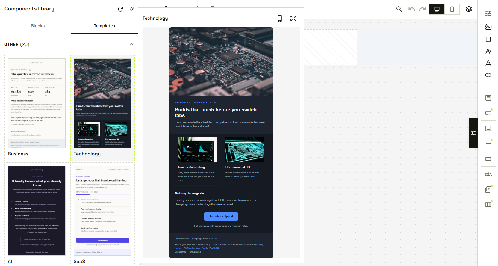 The components library open on the Templates tab, showing template cards and a full preview of the Technology email.