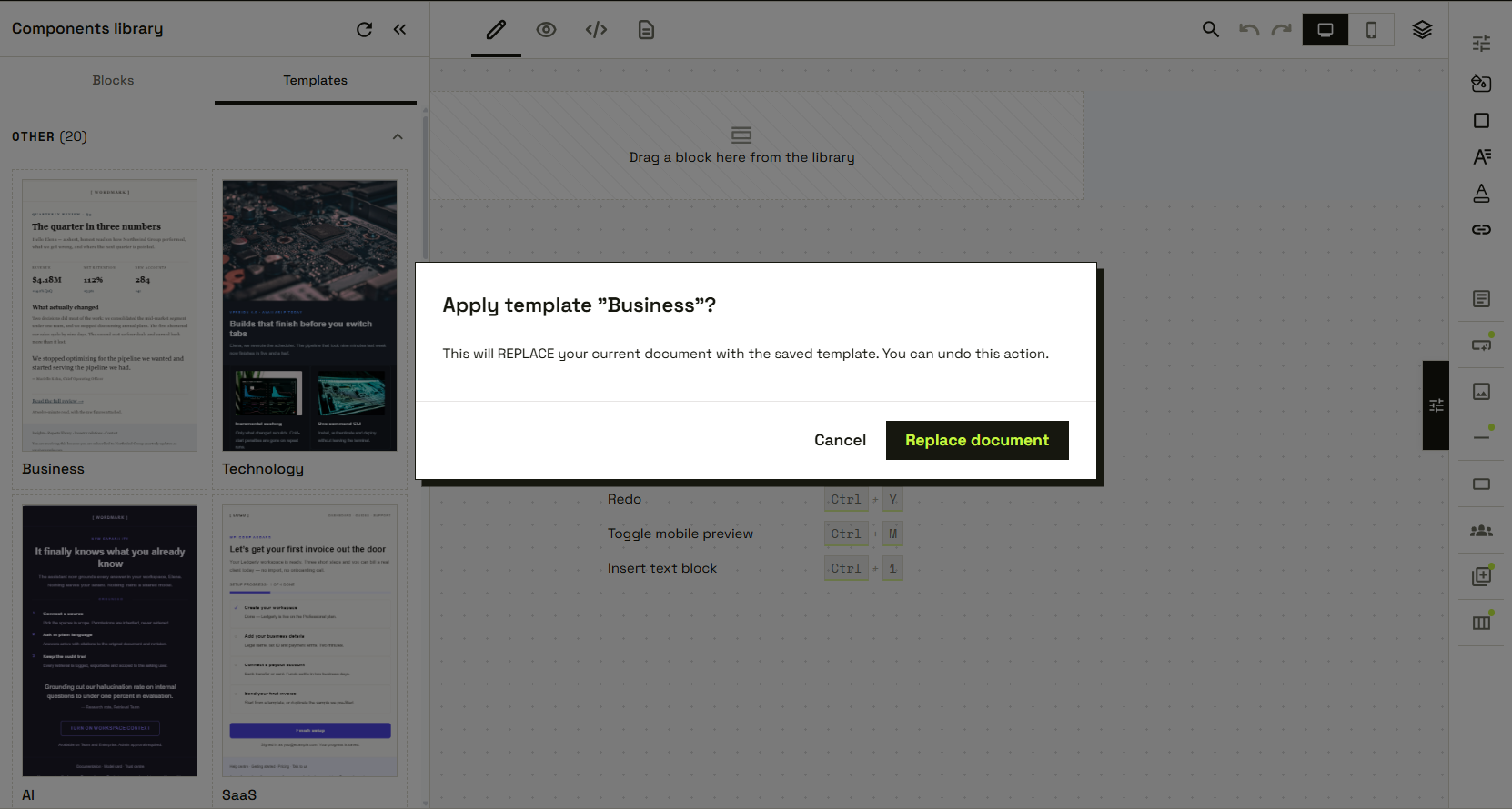 Confirmation dialog asking whether to apply the Business template, warning that it replaces the current document and can be undone.