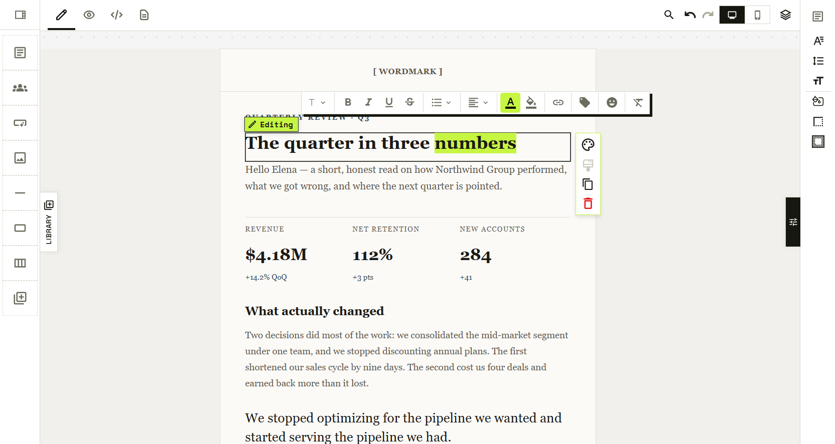 A heading being edited directly on the canvas, with the inline rich-text toolbar above it and the block actions to its right.